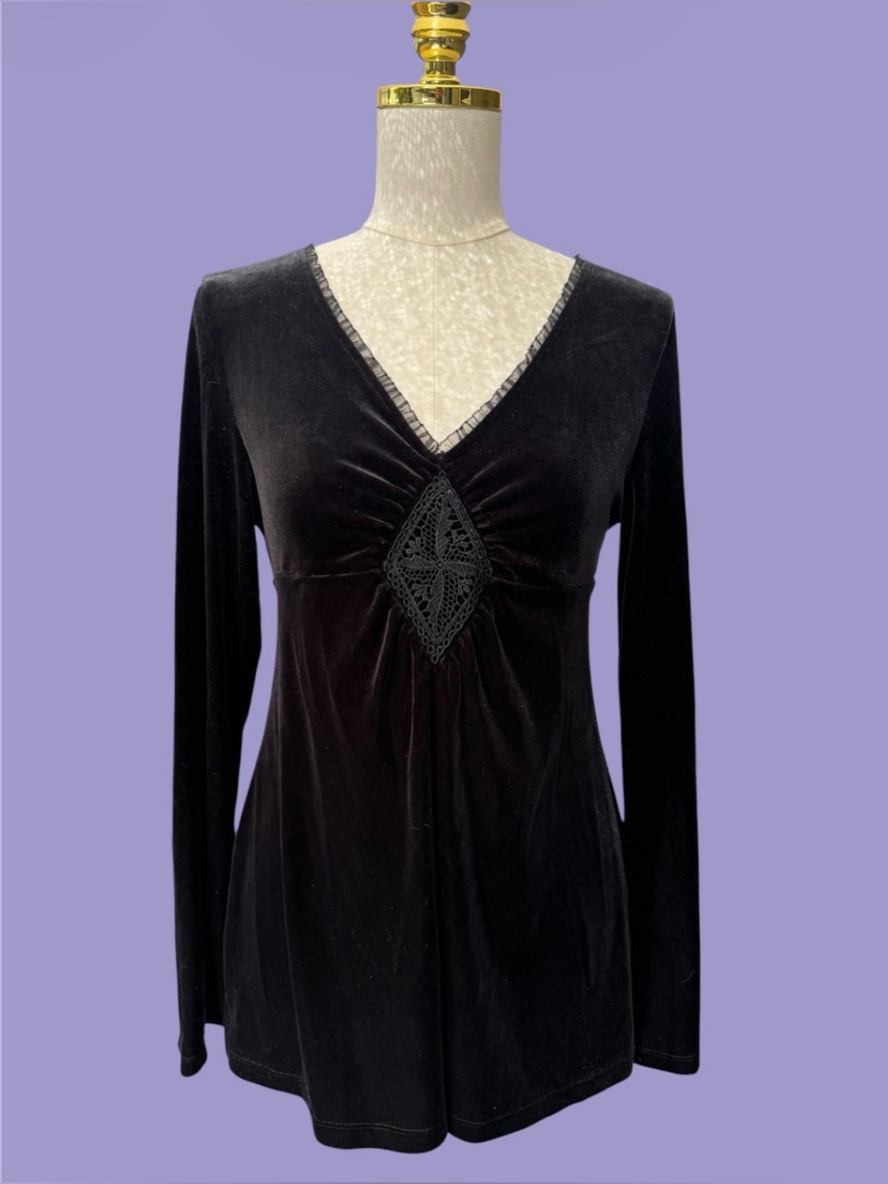 Vintage 90s Y2K Express Black Velvet Lace Tie-Back Top Bell Sleeve Romantic Goth